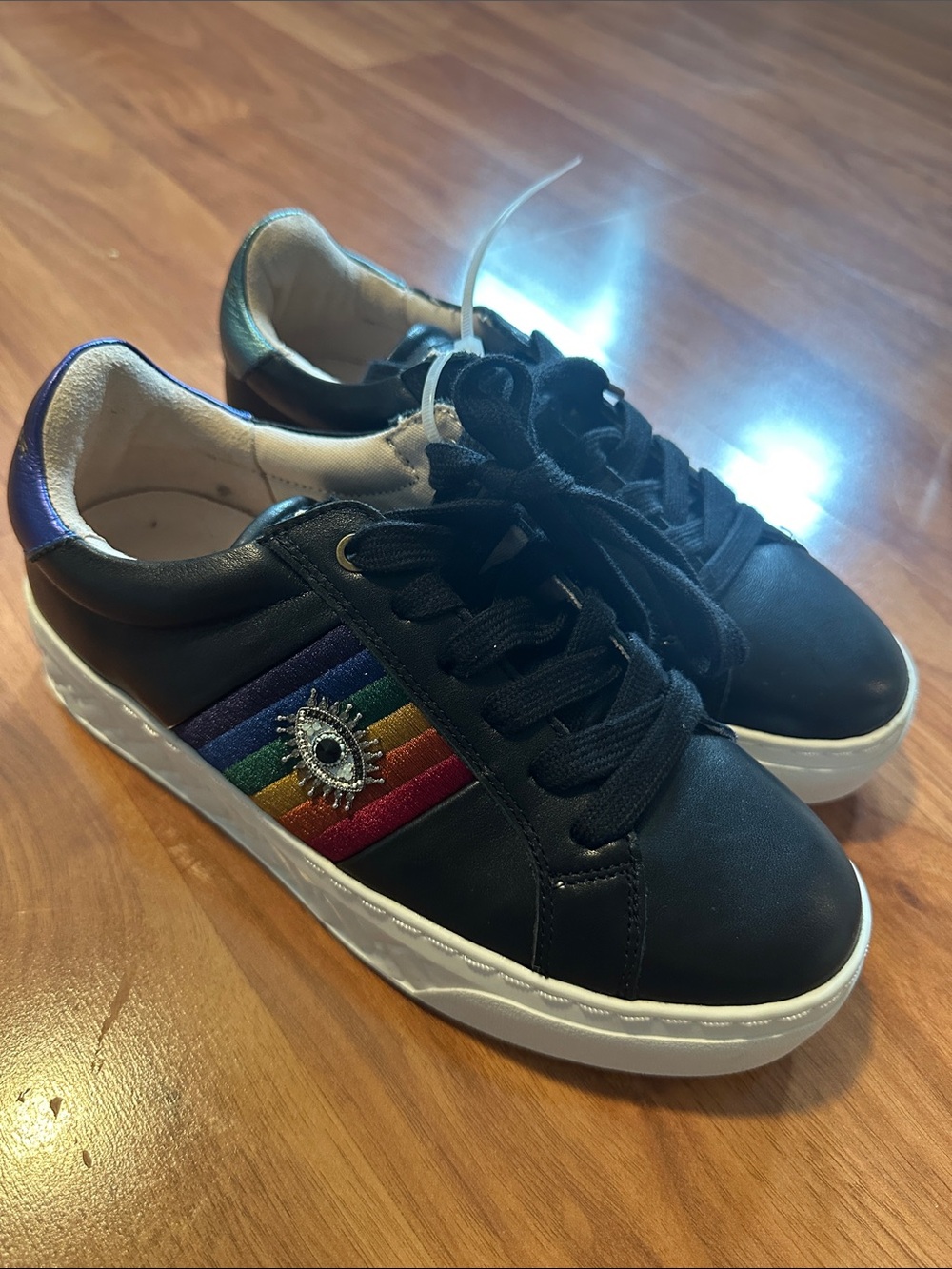 Kurt Geiger Black Leather Sneakers with Rainbow Stripe and Embroidered Eye